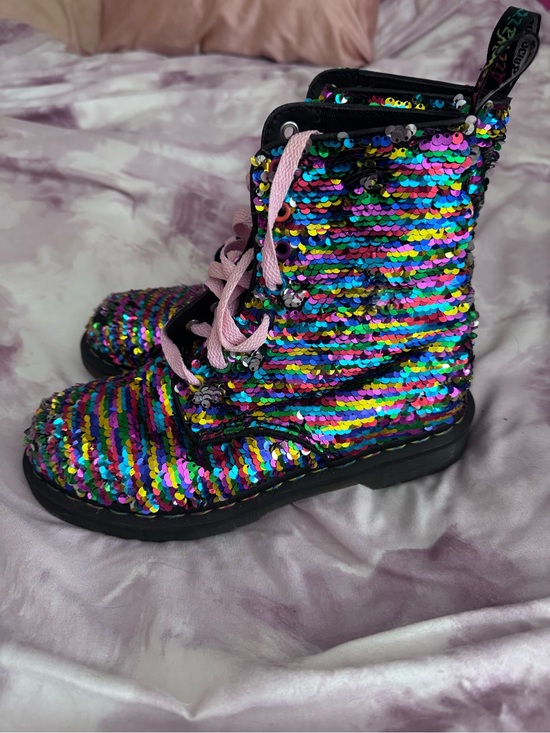Dr. Martens Shoes - Dr Martens (Doc Martens) Sequin Combat Boots Multi Rainbow to Silver flip sequin